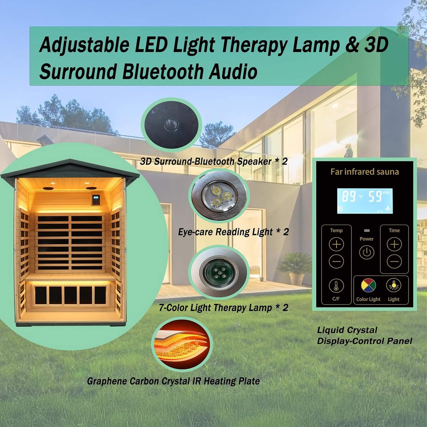 Premium 2-Person Black Carbonized Walnut Low EMF Far Infrared Outdoor Sauna with Bluetooth Audio And LED Lighting