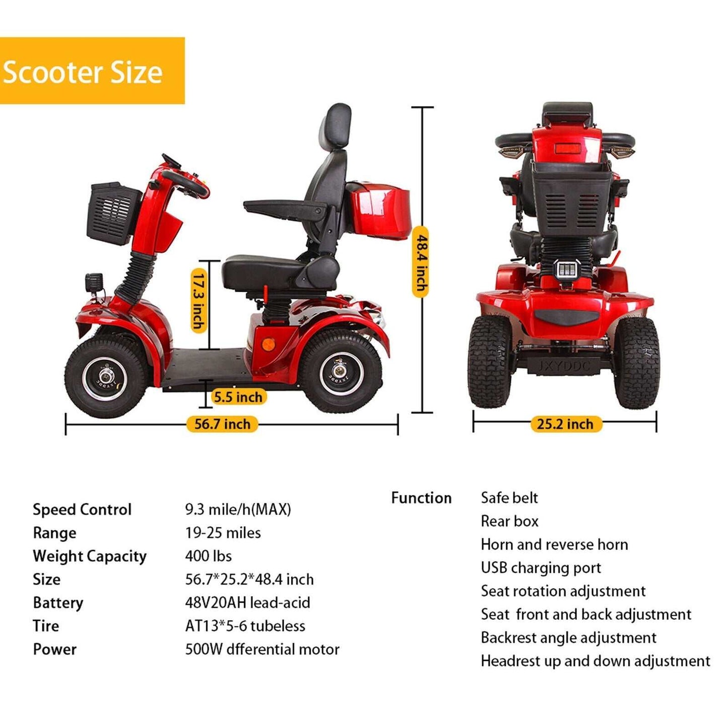 4-Wheel Heavy Duty 48V20AH Electric All-Terrain Mobility Scooter, 500W