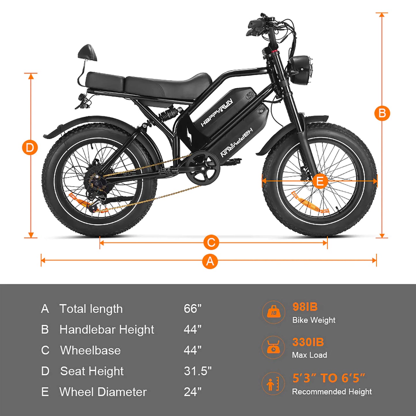 HappyRun G70 Long Distance Dual Battery Electric Fat Tire Cargo Bike, 1000W + Free Shipping