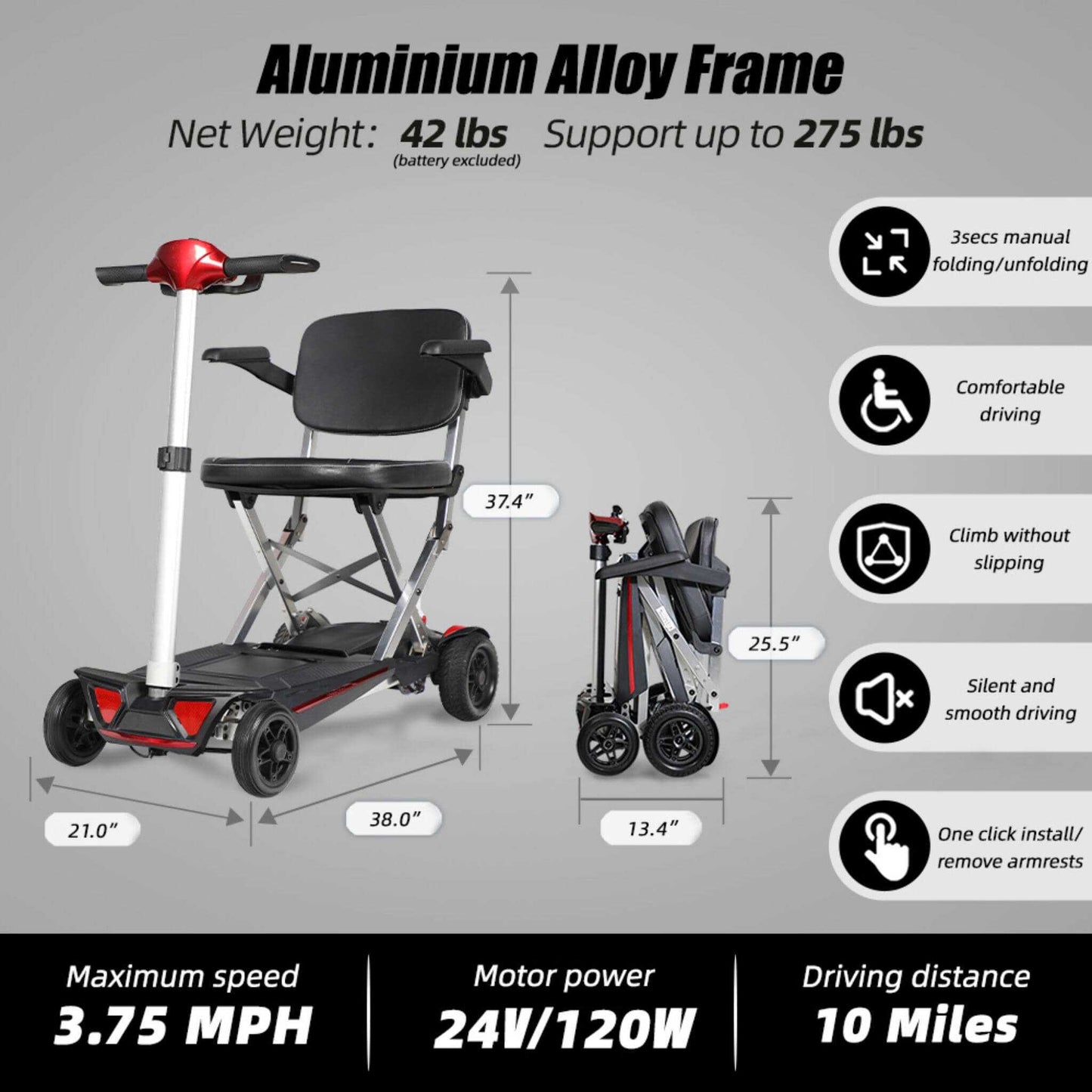 Lightweight Powered Folding Mobility Scooter For Adults And Seniors