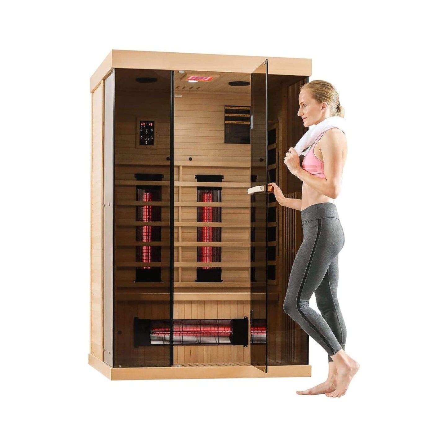 Luxury 2-Person Low EMF FAR Infrared Heat Wood Home Personal Spa Sauna W/ Panoramic Tempered Glass, 2000W