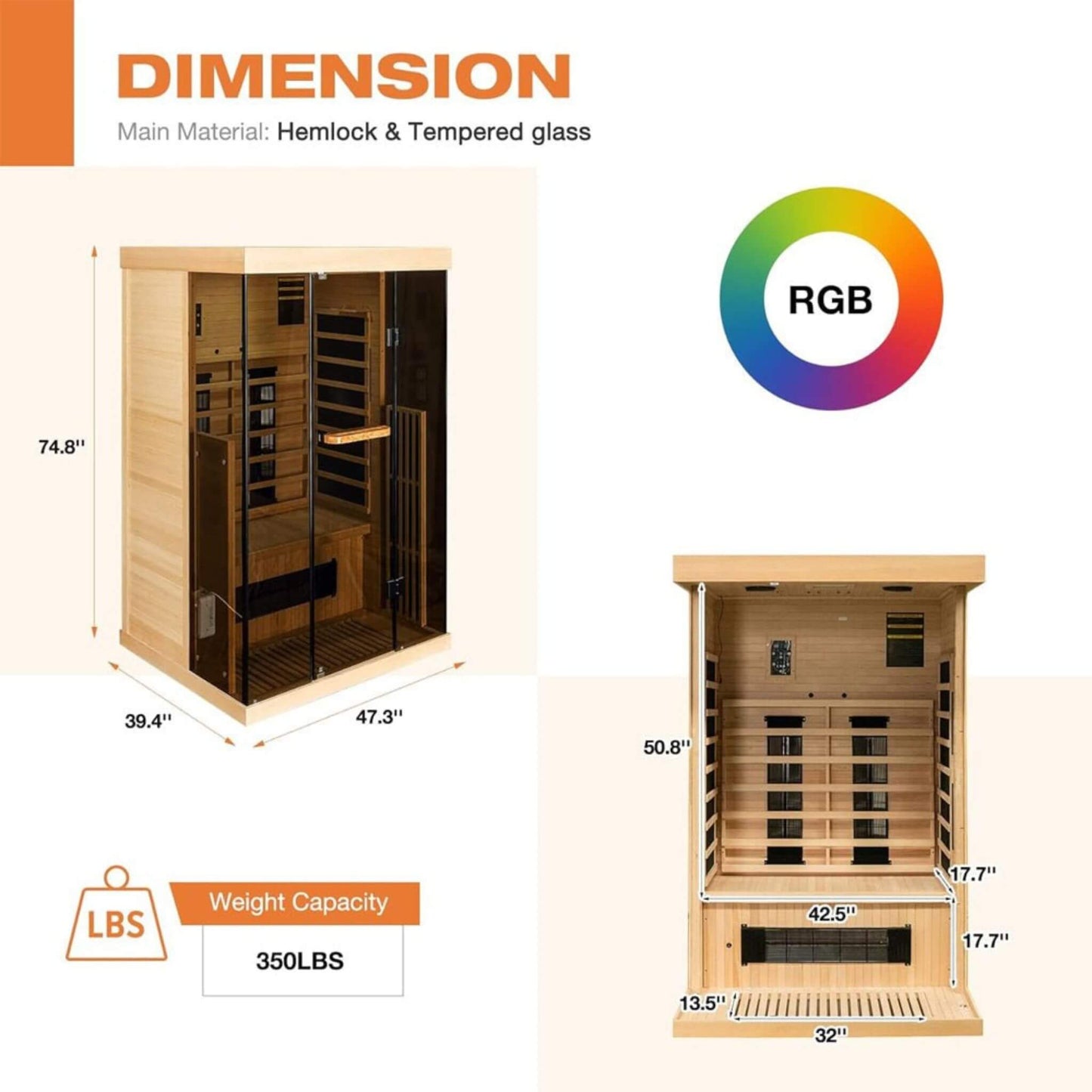 Luxury 2-Person Low EMF FAR Infrared Heat Wood Home Personal Spa Sauna W/ Panoramic Tempered Glass, 2000W