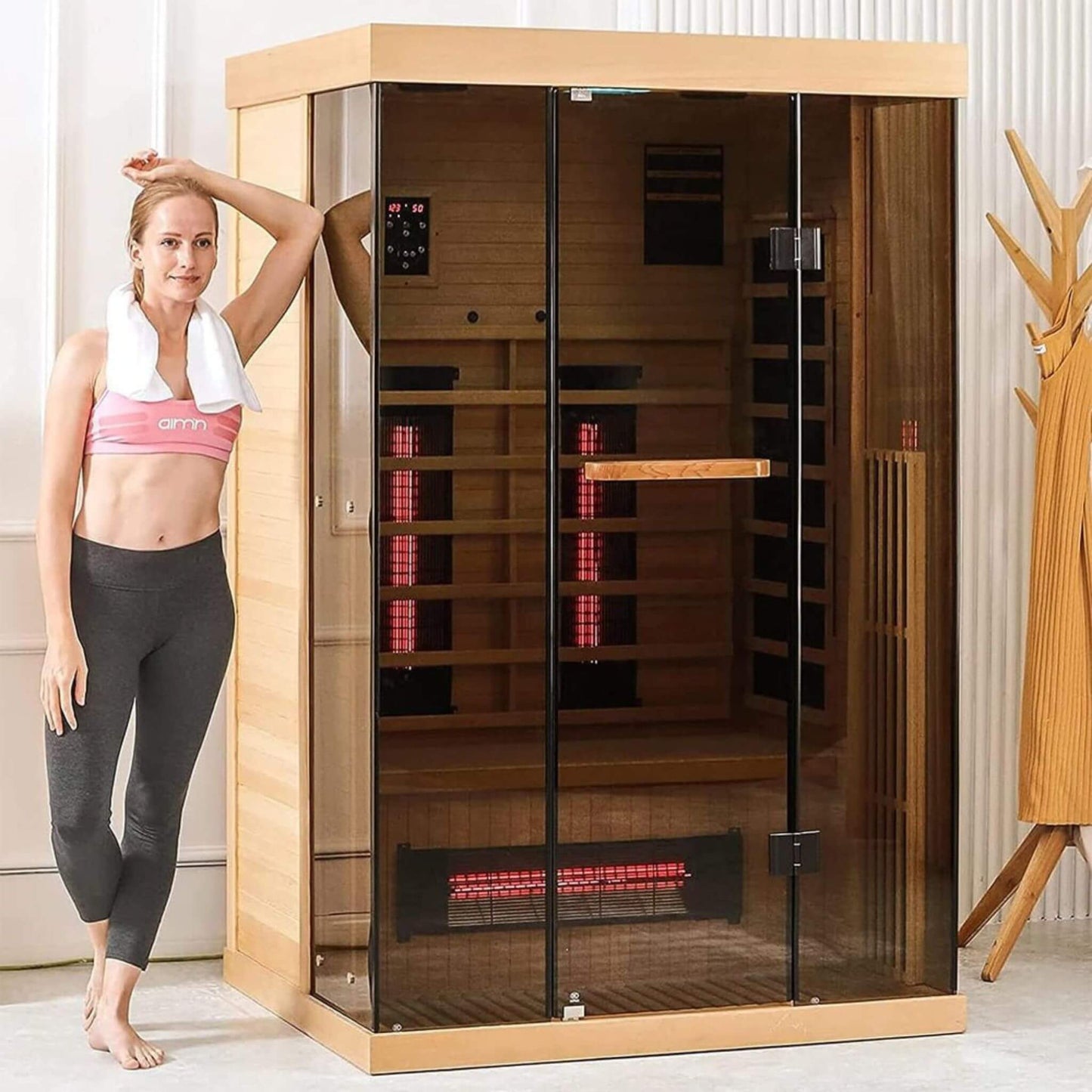 Luxury 2-Person Low EMF FAR Infrared Heat Wood Home Personal Spa Sauna W/ Panoramic Tempered Glass, 2000W