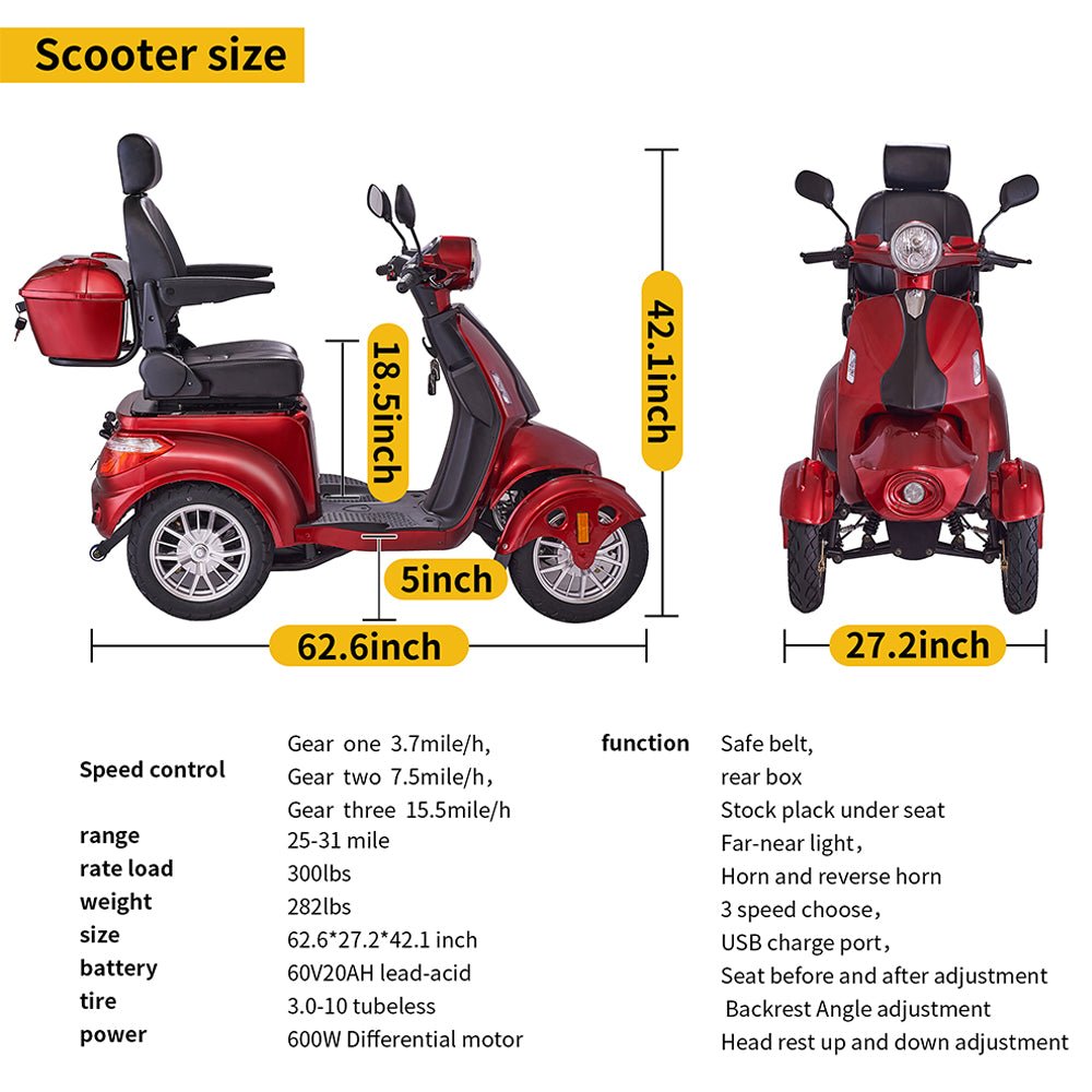 Premium 4-Wheel Electric Motorized Adults Travel Mobility Scooter for Senior Adults, 800W