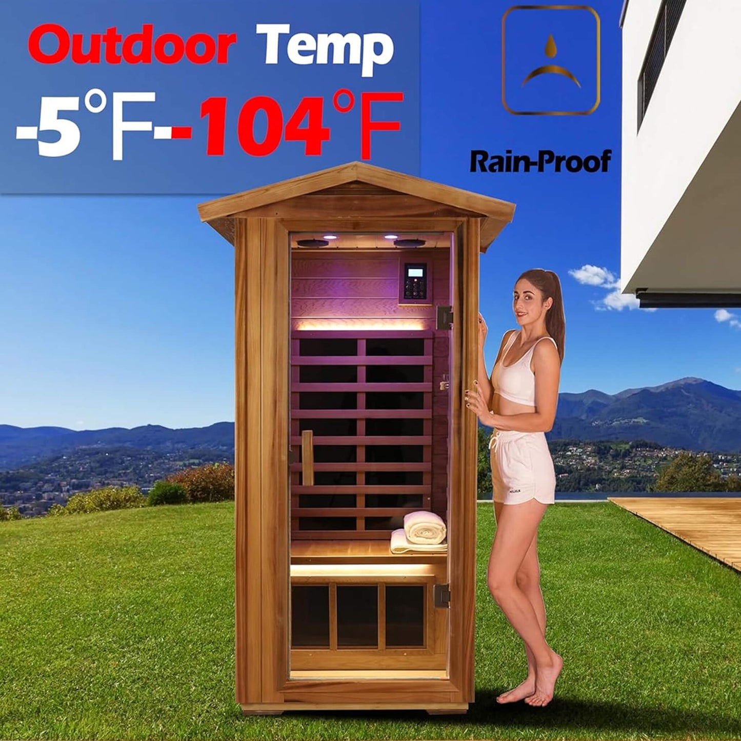 Premium 1-Person Outdoor Red Cedar Infrared Sauna with Low EMF, Chromotherapy and Bluetooth (SAK32783)