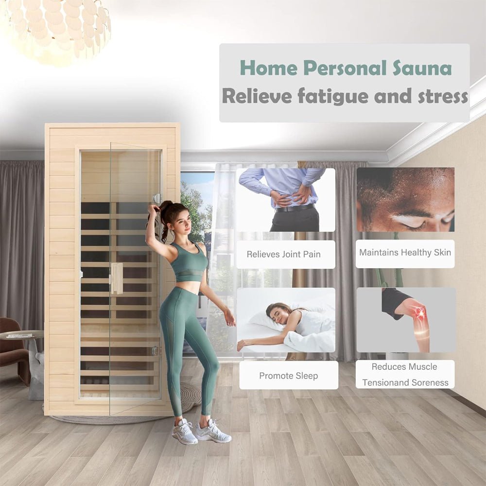 Premium 1-Person Indoor Sauna Low EMF FAR Infrared Heat Hemlock Wood Personal Home Spa Sauna, 1200W