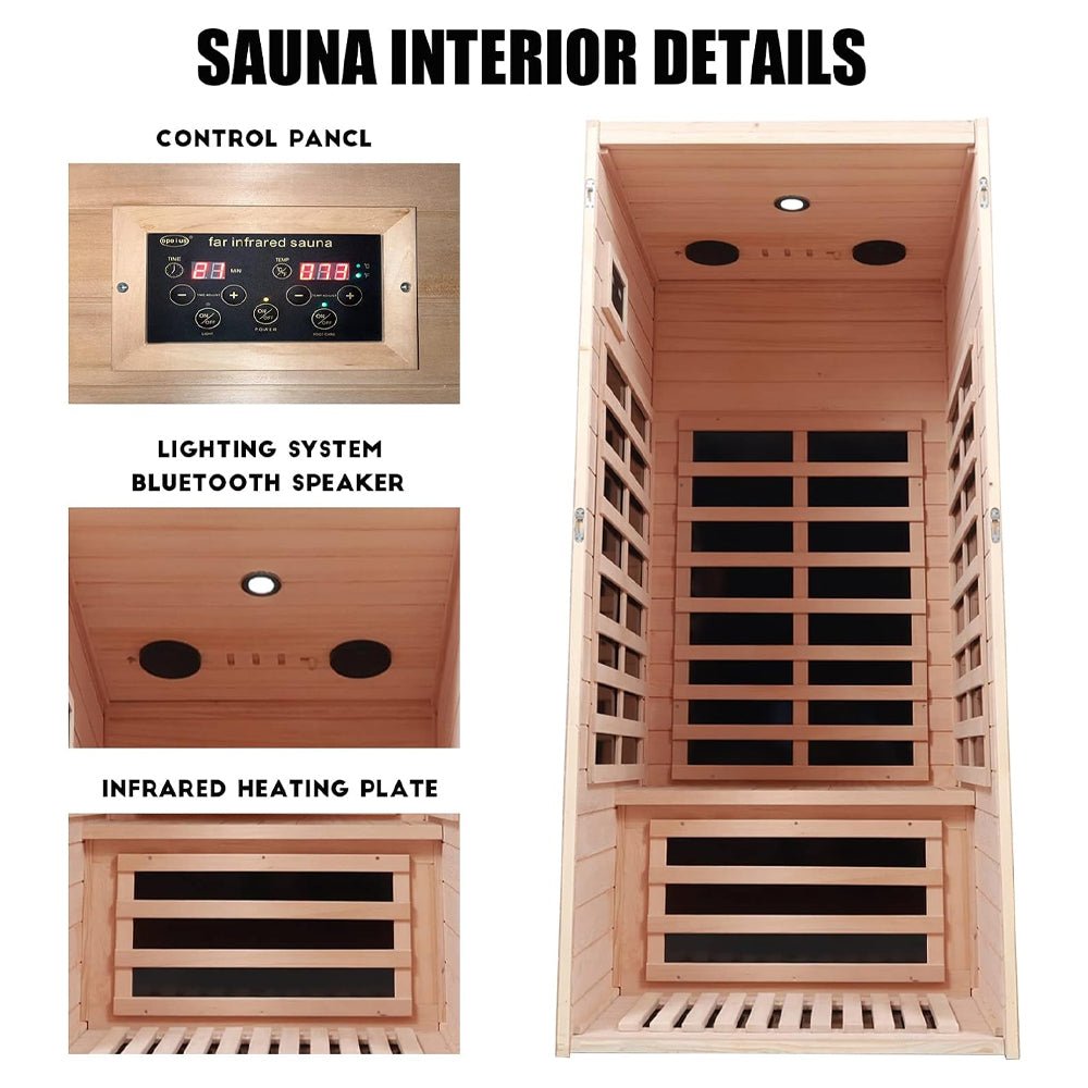 Premium 1-Person Indoor Sauna Low EMF FAR Infrared Heat Hemlock Wood Personal Home Spa Sauna, 1200W