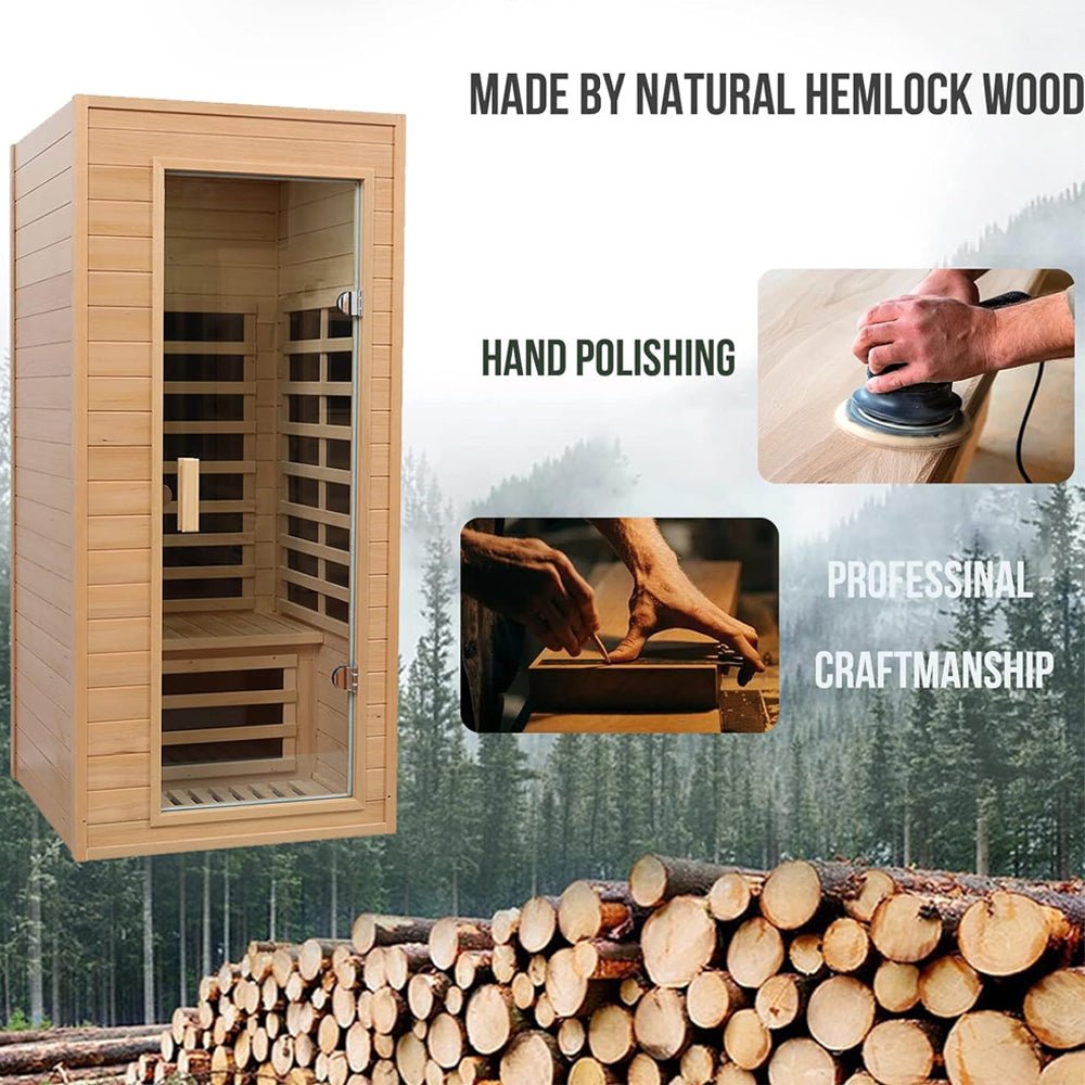 Premium 1-Person Indoor Sauna Low EMF FAR Infrared Heat Hemlock Wood Personal Home Spa Sauna, 1200W