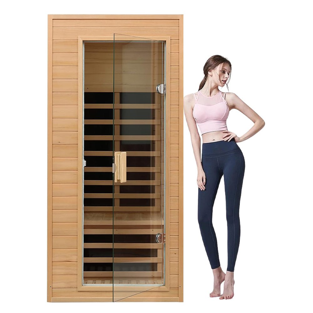 Premium 1-Person Indoor Sauna Low EMF FAR Infrared Heat Hemlock Wood Personal Home Spa Sauna, 1200W