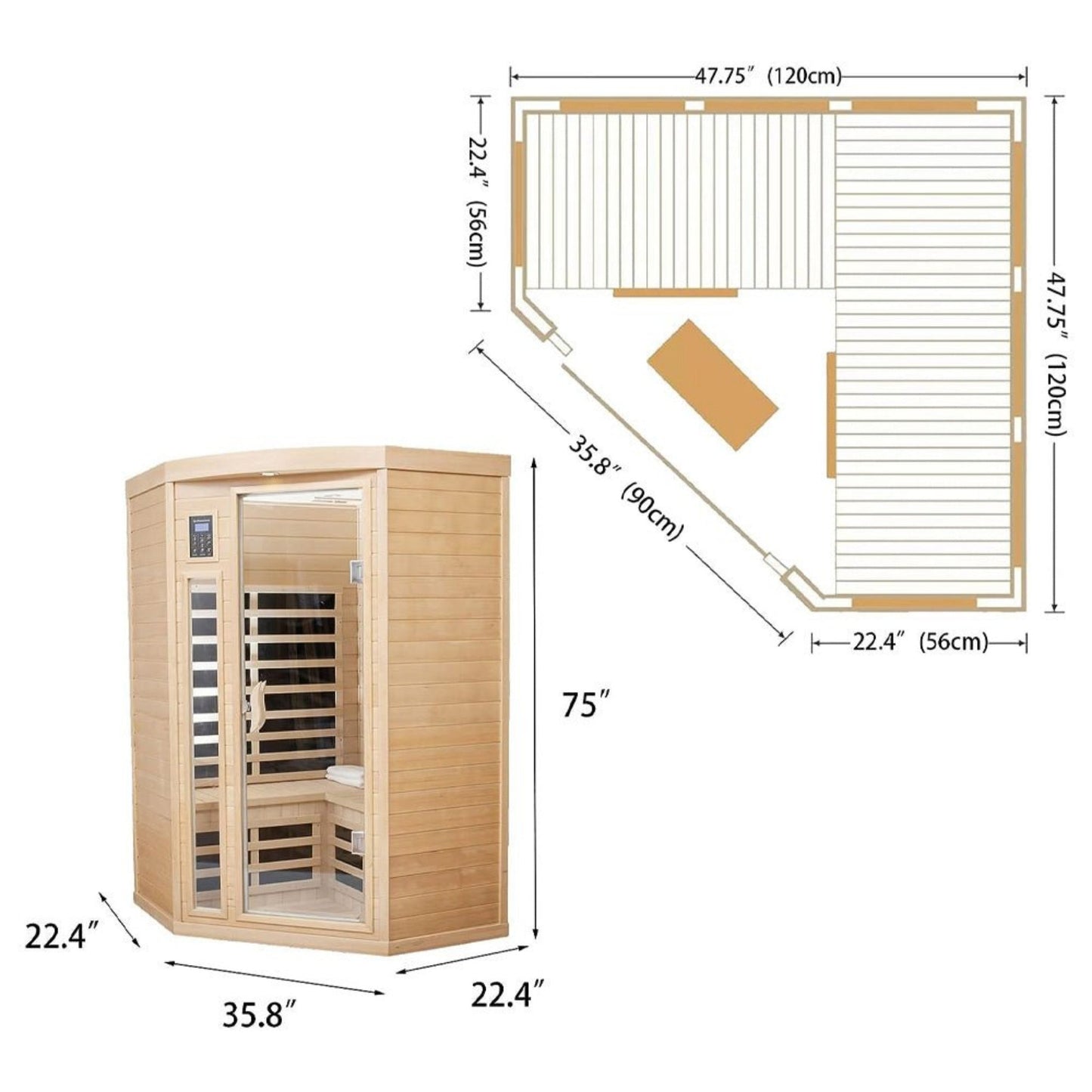 Premium 2-Person Corner Space Infrared Wooden Sauna Room With Bluetooth Speakers, 1600W
