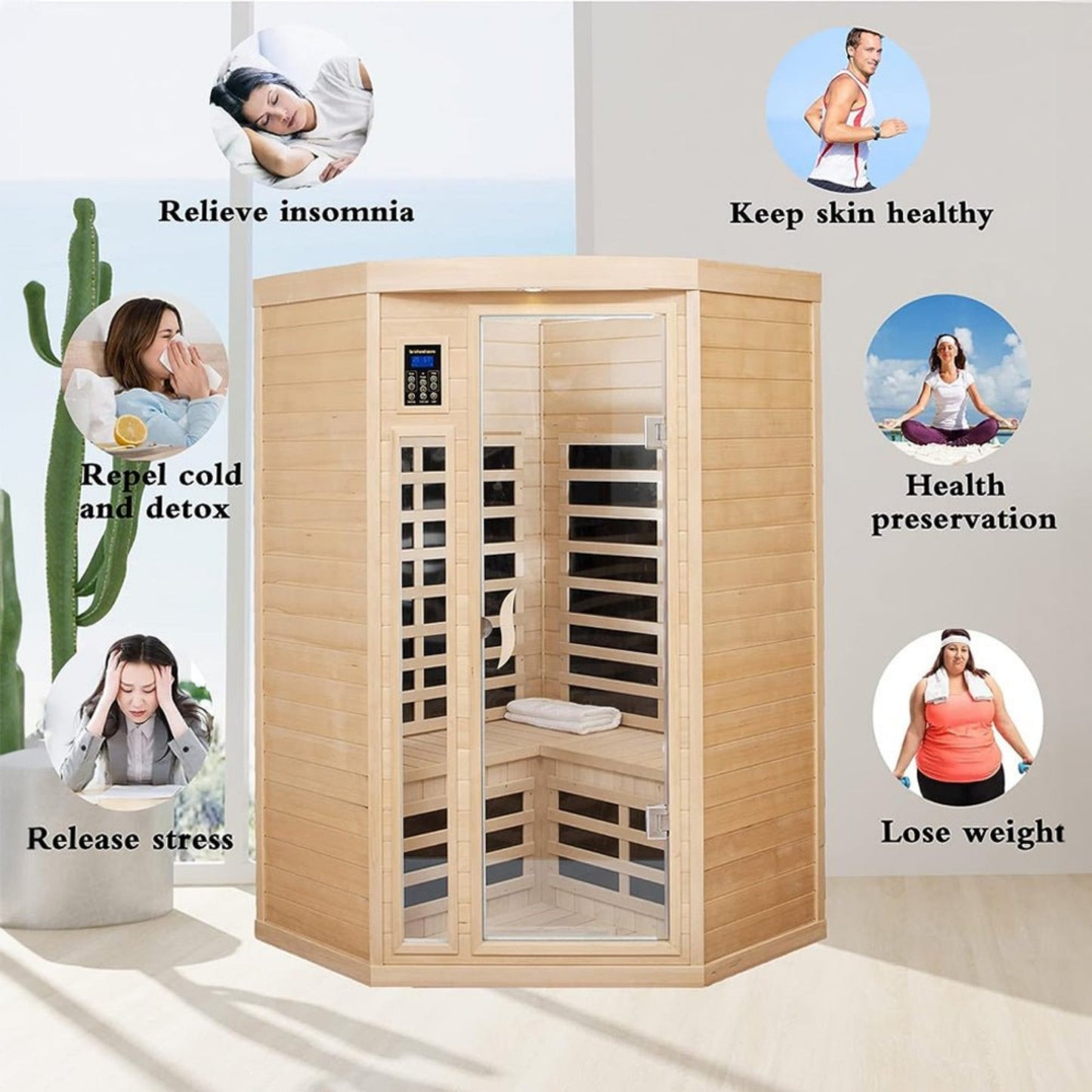 Premium 2-Person Corner Space Infrared Wooden Sauna Room With Bluetooth Speakers, 1600W
