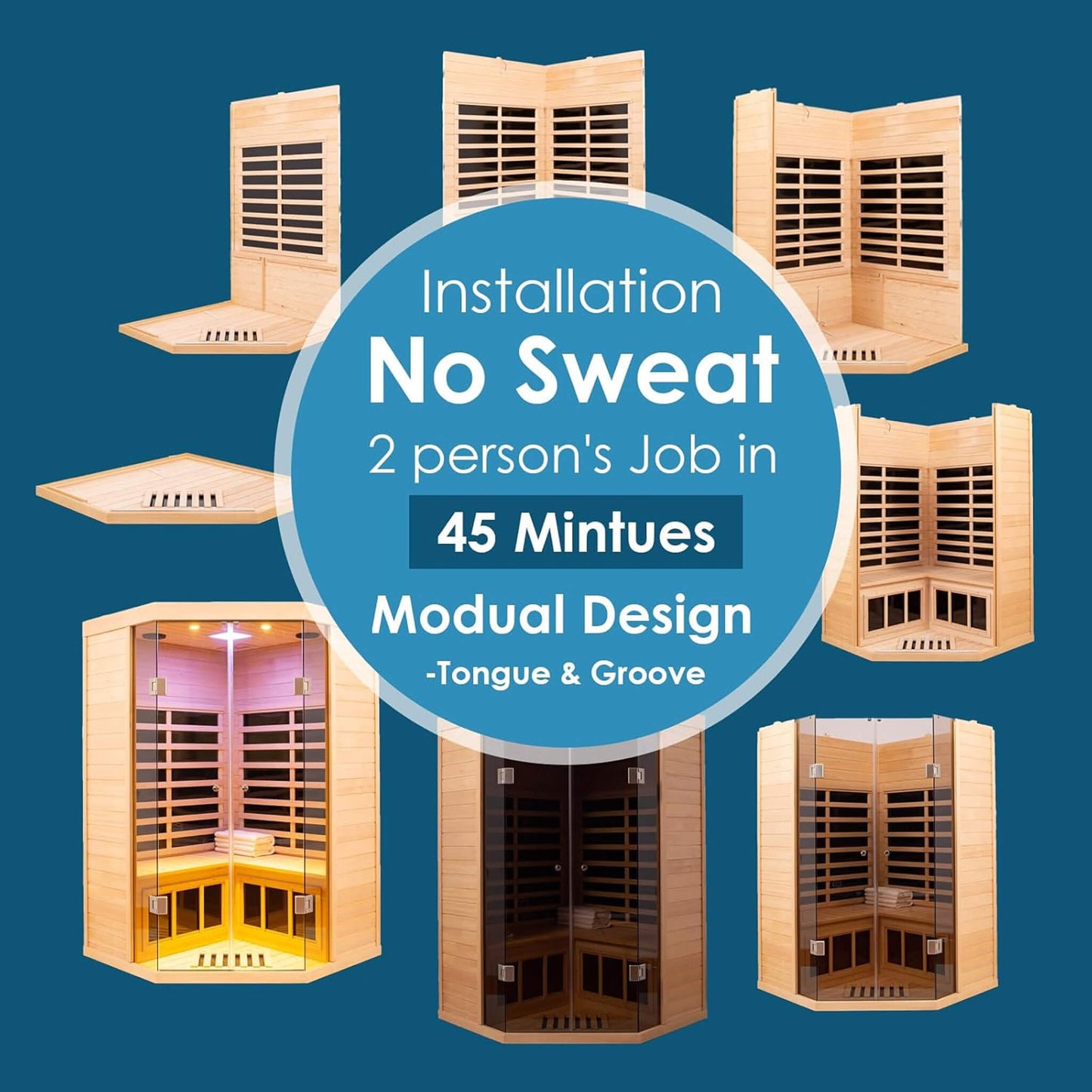Premium 2-Person Corner Space Infrared Wooden Sauna Room With Bluetooth Speakers, 1600W