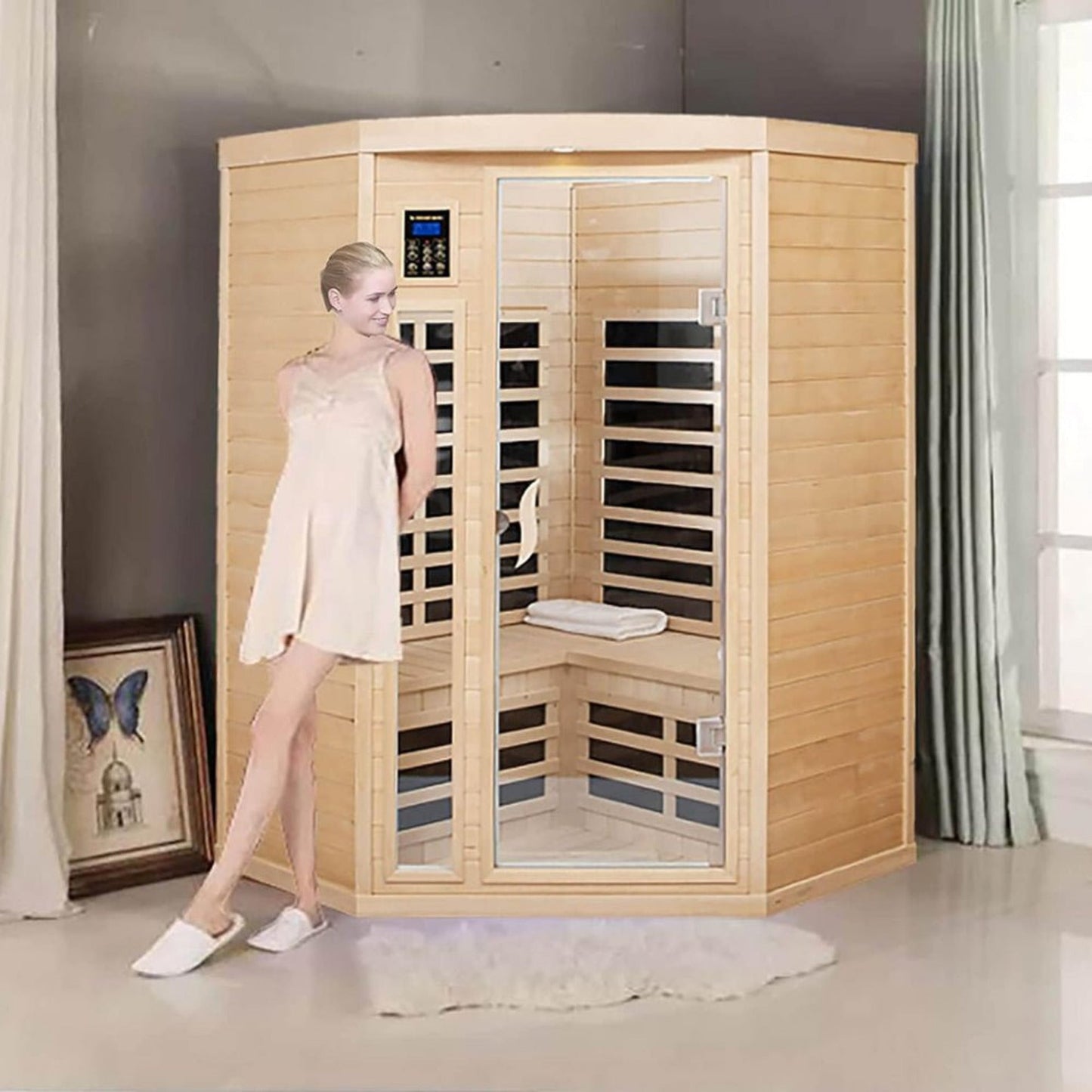 Premium 2-Person Corner Space Infrared Wooden Sauna Room With Bluetooth Speakers, 1600W