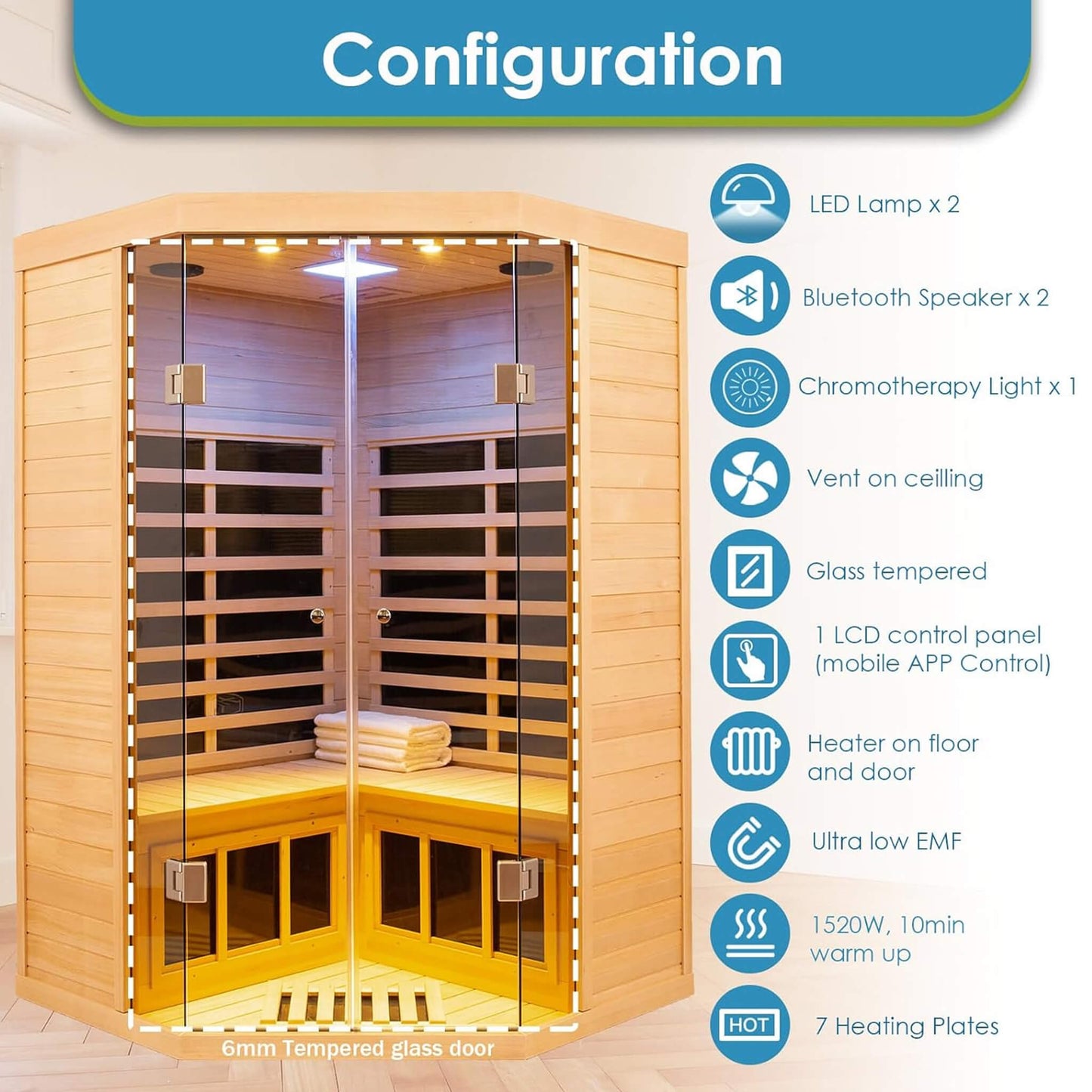 Premium 2-Person Corner Space Infrared Wooden Sauna Room With Bluetooth Speakers, 1600W
