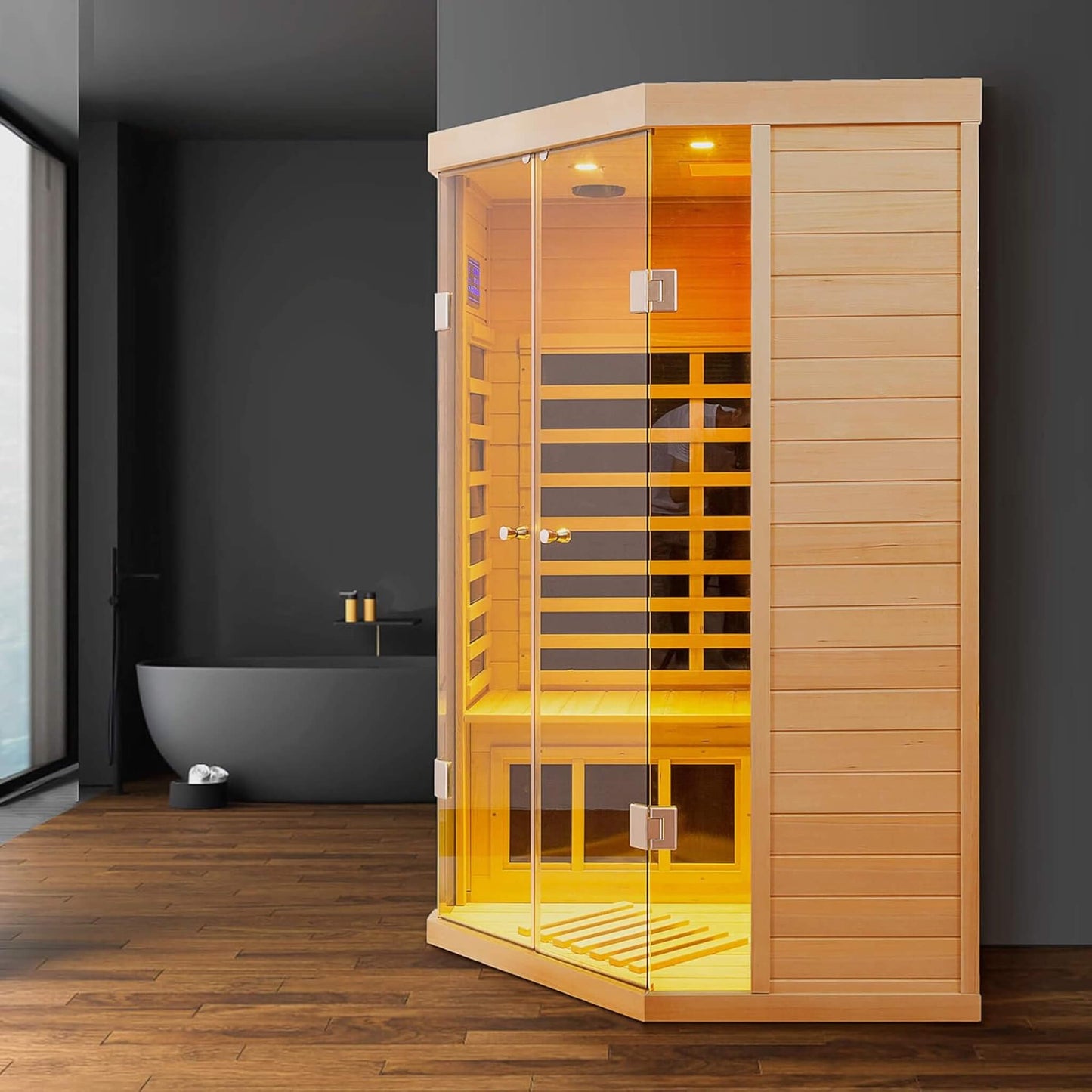 Premium 2-Person Corner Space Infrared Wooden Sauna Room With Bluetooth Speakers, 1600W