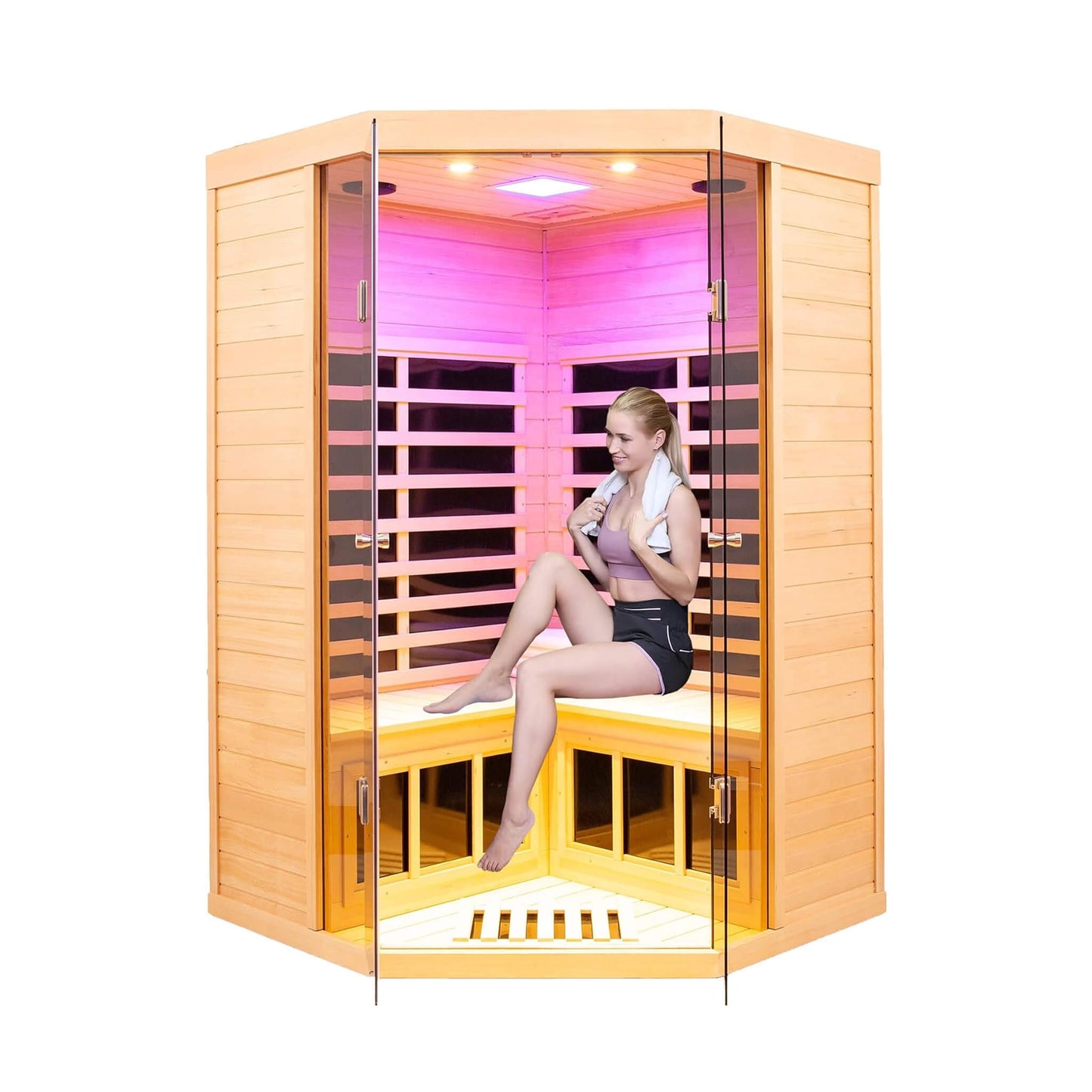 Premium 2-Person Corner Space Infrared Wooden Sauna Room With Bluetooth Speakers, 1600W