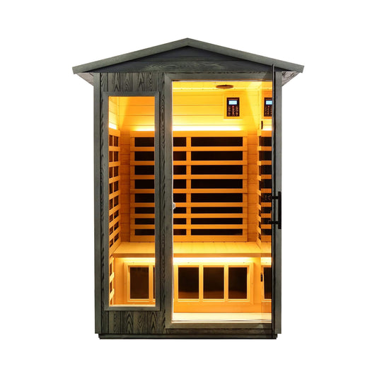 Premium 2-Person Black Carbonized Walnut Low EMF Far Infrared Outdoor Sauna with Bluetooth Audio And LED Lighting
