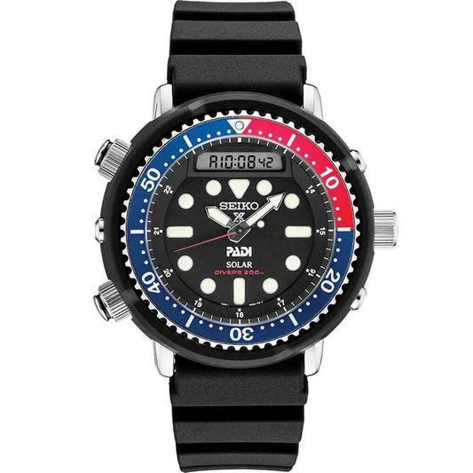 Seiko Men Prospex Solar Tuna PADI Dive Watch with black dial, blue and red bezel, and silicone strap