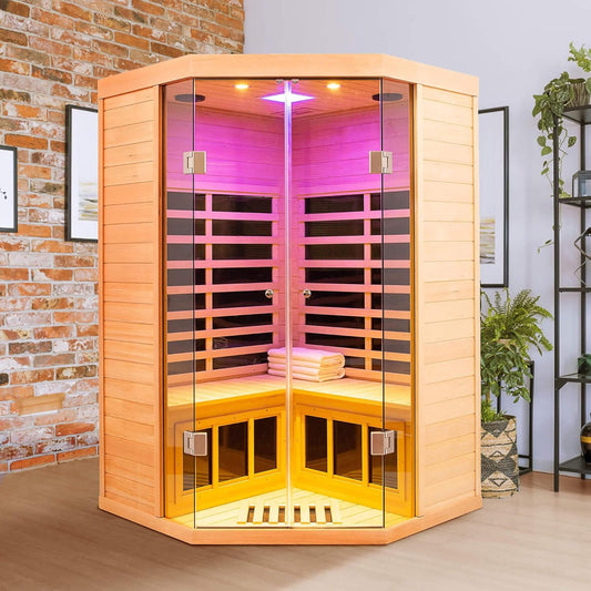 Premium 2-Person Corner Space Infrared Wooden Sauna Room With Bluetooth Speakers, 1600W